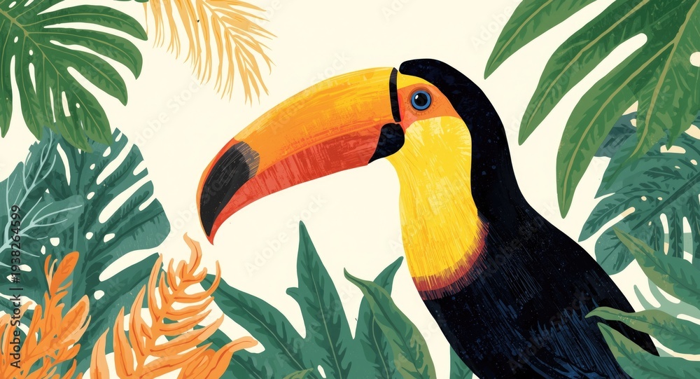 Naklejka premium Colorful toucan bird illustration with tropical foliage
