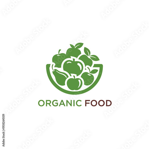 Organic food logo with fruits bowl healthy lifestyle and nature symbol