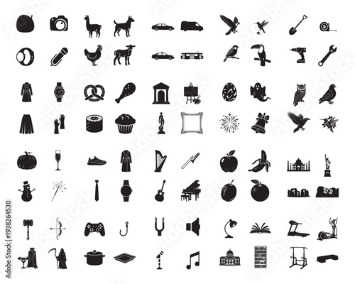 A collection of various black silhouettes on a white background, showcasing everyday objects and icons in silhouette mode