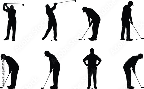 Black golf player silhouettes set, professional golfer swinging and putting icons, sports activity symbols bundle, man golfing vector graphics collection