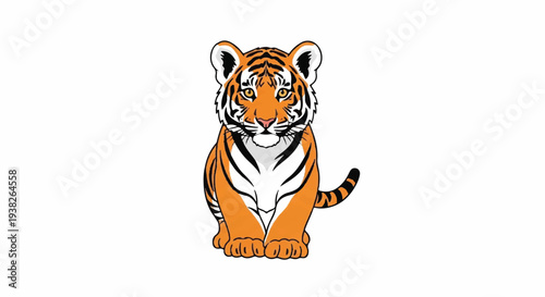 A majestic tiger sitting calmly on a white background from a front viewpoint