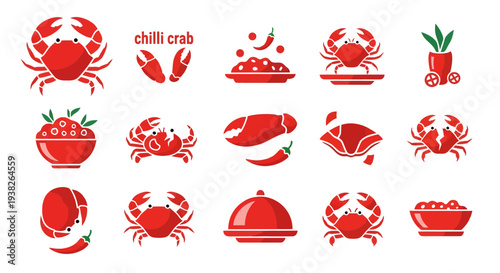 Chilli Crab Icon Set, Red Flat Vector Illustration of Seafood, Spicy Singaporean Cuisine, Crab Claw and Chili Pepper Icons for Restaurant Menu and Branding