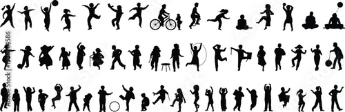 Black kids silhouettes set, children playing jumping dancing and riding bike icons, childhood activity symbols bundle, school age people vector