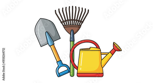Gardening tools including shovel, rake, trowel, and watering can arranged together, viewed from the front.