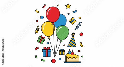 A vibrant celebration scene with balloons, cake, and gifts viewed from a straightforward perspective in a festive environment.