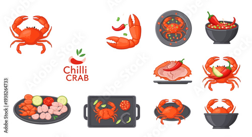 Chilli Crab and Seafood Cooking Illustration Set, Spicy Crab Vector Elements for Restaurant Menu and Food Design