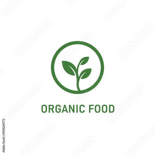 Organic food logo with green leaves and circular emblem for natural products