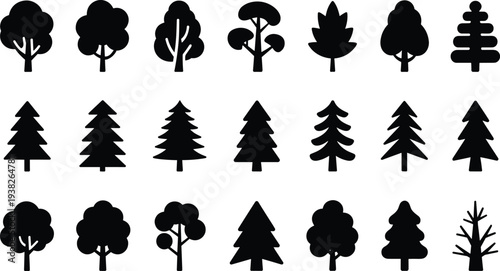 Black tree silhouettes set, forest pine and deciduous plants icons, nature wood symbols bundle, botanical vector elements for landscape design graphics
