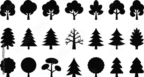 Tree, silhouette, nature, forest, plant, vector, icon, set, wood, black, landscape, botanical, leaf, garden, organic
