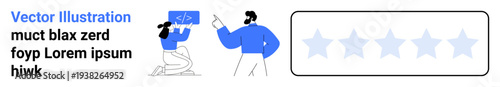 Business teamwork, project assessment, customer feedback, user experience design, evaluation systems, digital development. Two individuals presenting with a rating scale. Team collaboration