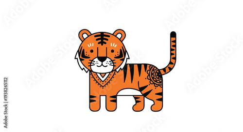 A cartoon tiger illustration standing proudly with a friendly expression, showcasing vibrant orange fur and black stripes from a straight-on viewpoint