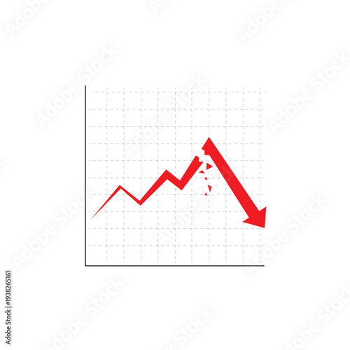Business graph with red arrow falling down showing sharp decline and economic regression after excessive growth.
