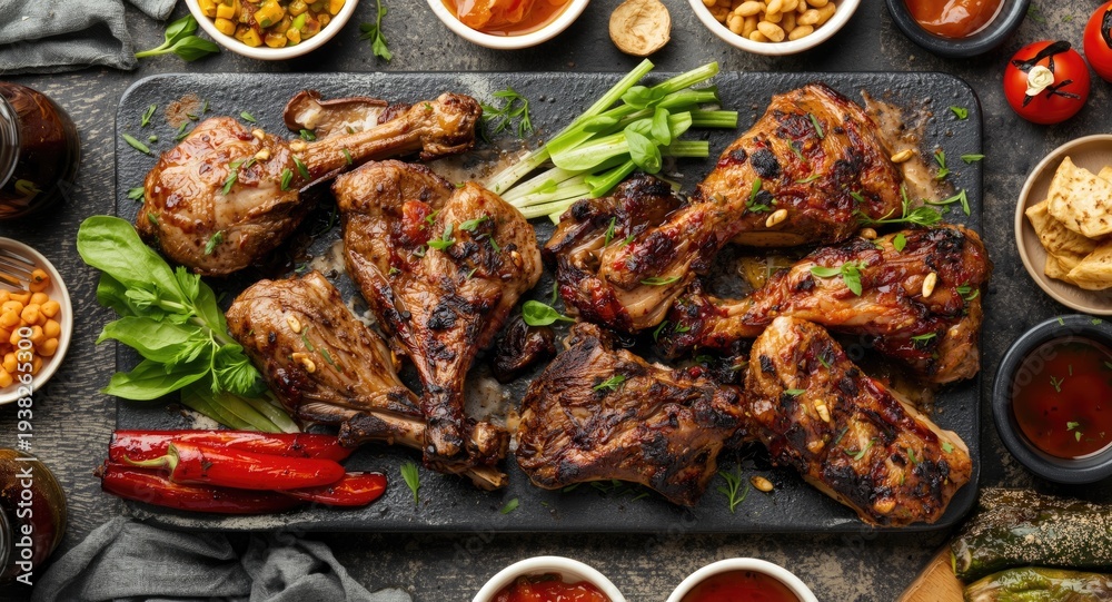Fototapeta premium Barbecue platter with grilled lamb and chicken alongside fresh vegetable sides and condiments overhead