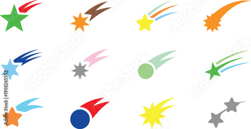 colorful stars and shooting stars icons on white background