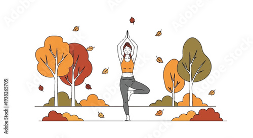 A serene yoga practice amidst an autumn landscape with vibrant foliage and falling leaves viewed from the side