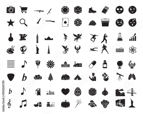 A collection of various black silhouette icons on a white background, showcasing a range of objects and symbols in detailed design silhouette