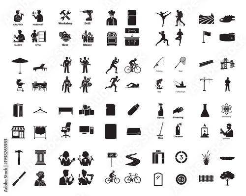 A collection of various black silhouettes of people and objects on a white background silhouette