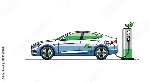 Electric car charging at a green energy station with eco-friendly graphics illustrated in a modern style from a side view