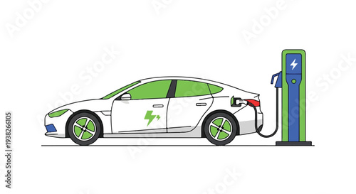 Electric car recharging at a modern public charging station with a vibrant green design on its sleek body