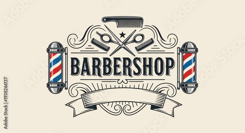 Vintage Barbershop Emblem with Classic Grooming Tools and Ornate Design.