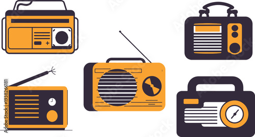 Flat Vector Radio Equipment - Analog Tuner and Antenna Icons Bundle..eps