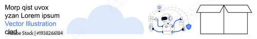 Technology, artificial intelligence, cloud computing, logistics, communication, storage solutions. A cloud, robotic mechanism and box icon. Cloud computing and artificial intelligence concepts