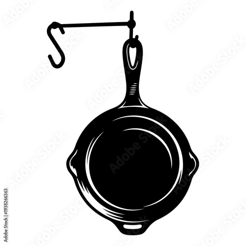 Black vector illustration of a cast iron frying pan hanging on a hook, isolated on transparent background

