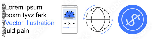 Digital communication, global connectivity, media streaming, online finance, app interface, fintech tools. Smartphone media player with globe and money symbols. Global connectivity and media