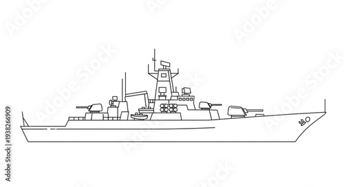 Simple Line Drawing of Warship.