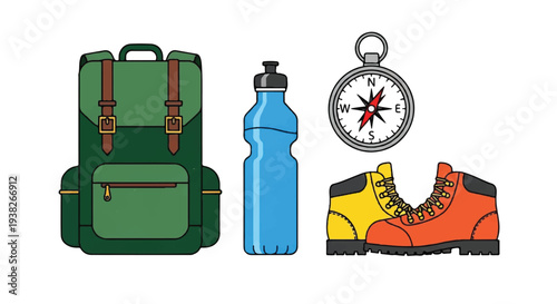Hiking essentials including backpack, water bottle, compass, and shoes on a white background viewed from directly above