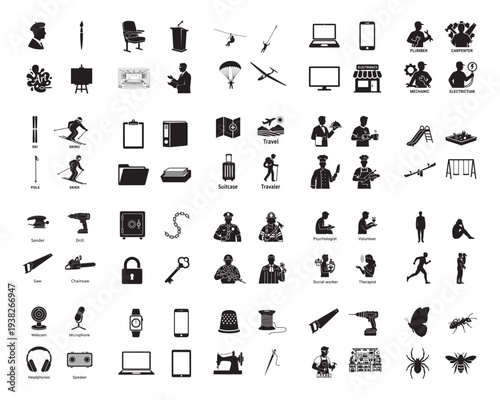 A collection of various black silhouettes of objects and people on a white background silhouette