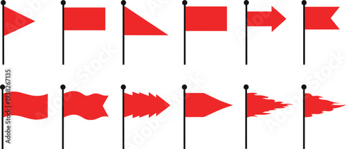 Red Flag Icons Set with Various Shapes and Designs for Warning Signals, Alerts, and Messaging Systems
