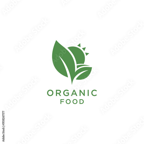 Sun and leaves illustration for organic food logo concept on checkered background