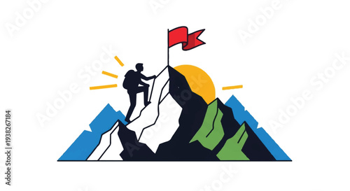 Climber Reaches Mountain Peak Under Radiant Sun with Flag Illustration