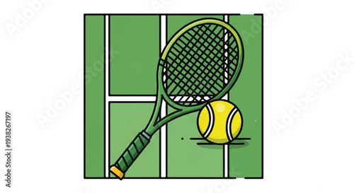 Tennis Racket and Ball on Court Illustration from Diagonal Viewpoint
