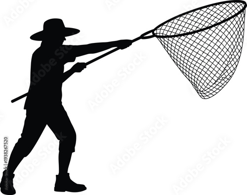 Fisherman with landing net silhouette catching fish, outdoor fishing activity concept illustration, angler sport isolated on white background