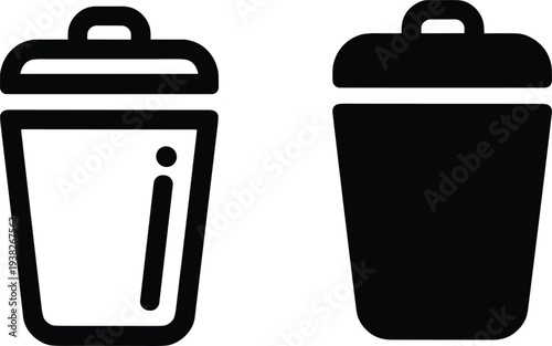 Isolated black vector trash can icon design featuring a 3d metal garbage bin and plastic recycle container symbol for waste and rubbish management concepts