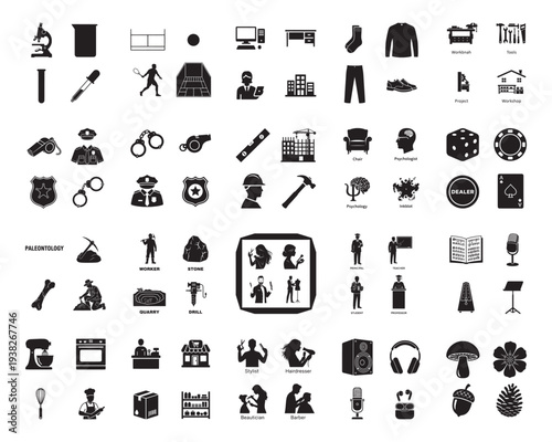 A collection of various black silhouettes on a white background, showcasing everyday objects and activities in silhouette mode
