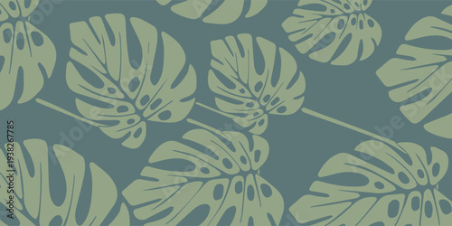 Monstera Deliciosa Leaves Pattern on Blue Background.