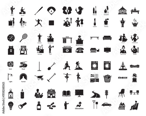 A collection of various black silhouettes depicting everyday life and objects in a modern setting silhouette