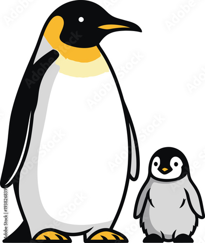 One large adult emperor penguin stands next to a small chick in a side profile illustration.