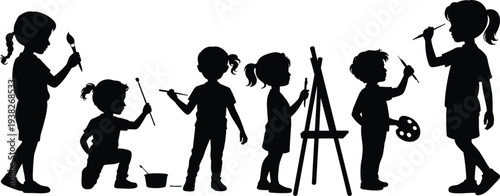 Children painting and drawing silhouettes, kids creative art activity with brushes palette and easel, education hobby concept isolated