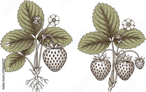 Botanical Strawberry Plant with Leaves, Flowers and Berries Vintage Engraving Illustration