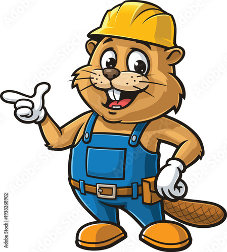 Cartoon mascot Beaver builder wearing safety helmet