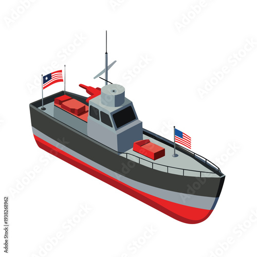 3D PT Boat Vector Illustration – WWII American Patrol Torpedo Boat Cartoon Clipart & Line Art Design