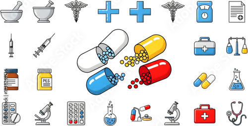 Medical professionals and symbols representing healthcare services and medicine in a collection of flat design icons on a white background viewed from directly above