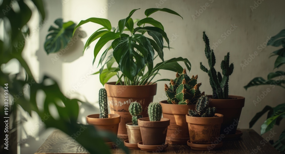 Fototapeta premium Selection of houseplants such as cacti and monstera symbolizing plant care at home