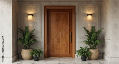 Elegant doorway featuring a polished birch door, subtle wall sconces, and verdant potted plants enhancing a snug atmosphere