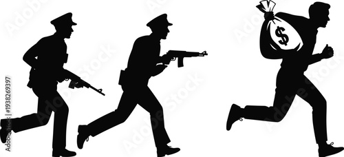 Police chasing thief silhouette with money bag, crime pursuit law enforcement concept illustration isolated on white background vector