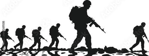 Soldiers patrol silhouette with rifles walking in battlefield terrain, military infantry squad movement, combat mission concept isolated on white